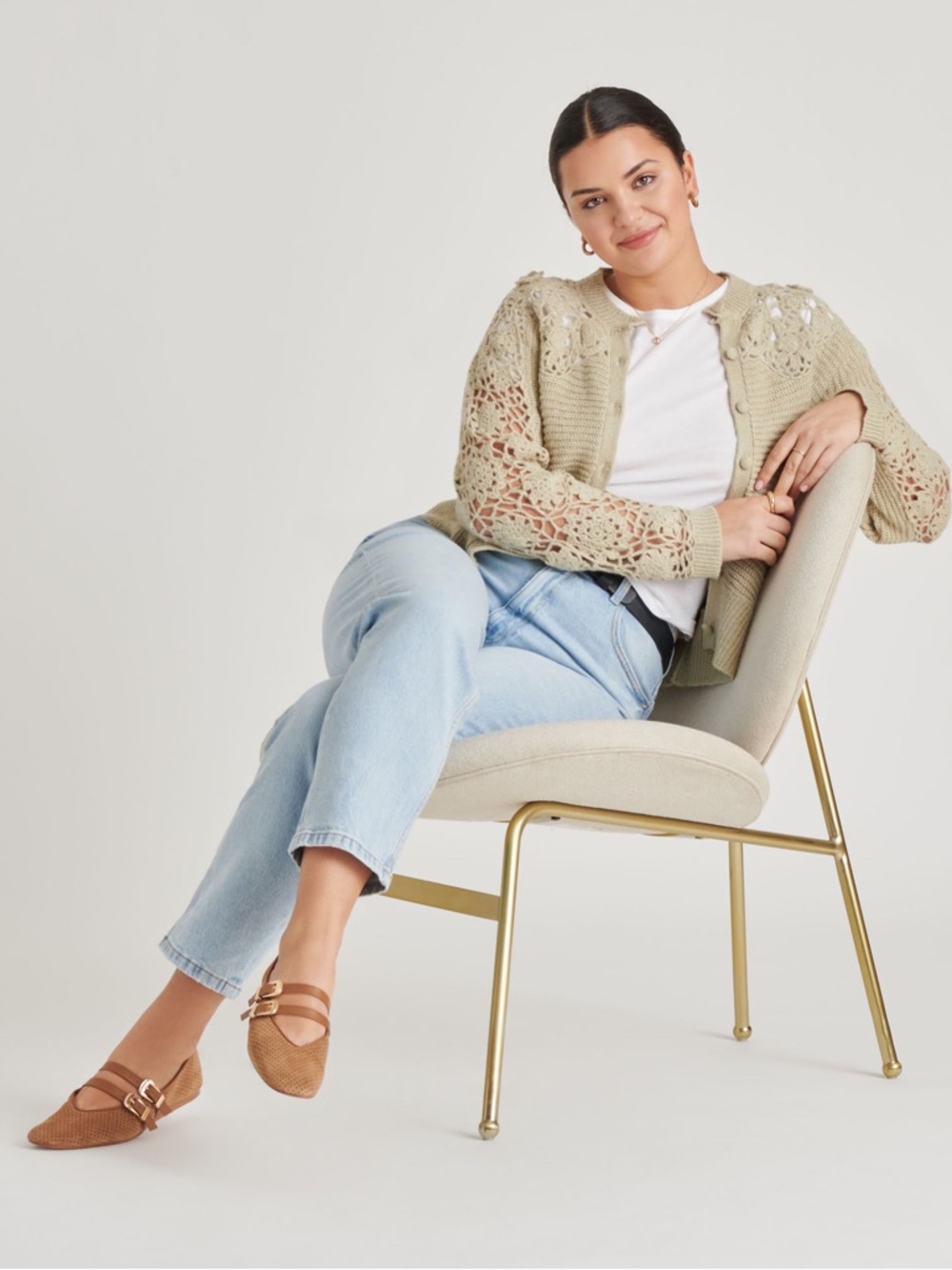 Dolce Vita-Tan Perforated Mary Jane Flats with Gold Buckles - Picture 2 of 6